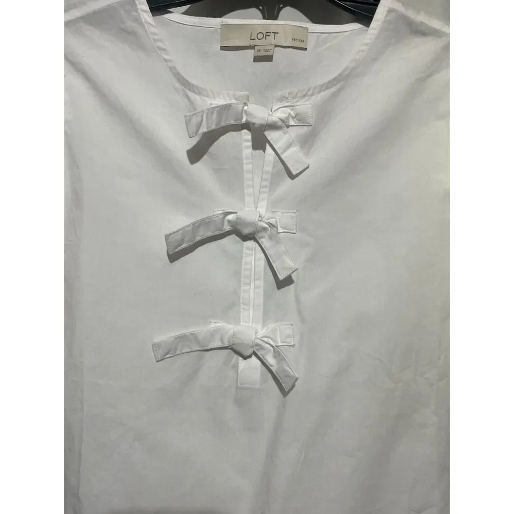 New Loft Poplin Front-Tie Peplum Blouse with Puffed-Sleeves Small